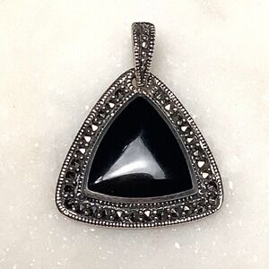 925 Sterling Silver Vintage Black Onyx Marcasite Pendant